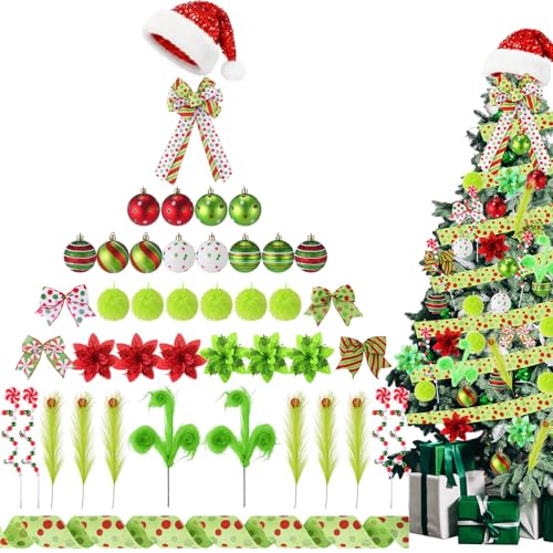 Halfchet Christmas Hanging Decorations Set with Christmas Hat - 43 Pcs Candy Red White & Green