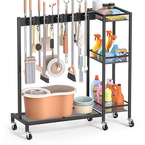 Olakee Large Broom & Mop Organizer with Cleaning Supplies Caddy, Janitorial Cart