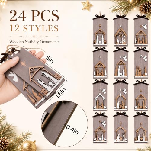 24 Pcs Christmas Nativity Scene Ornaments, Wooden Religious Decor