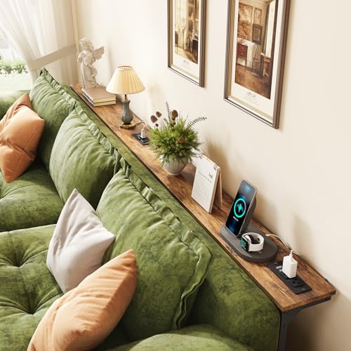 94.5-Inch Rustic Brown Behind Couch Console Table with Power Strips - Adjustable, Modular