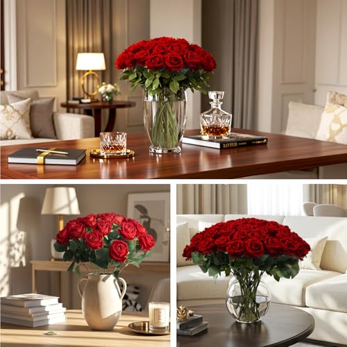 Artificial Red Roses Flowers Set - 60 Pcs Silk & Velvet Faux Flowers for Decor - Variation of 60 Red