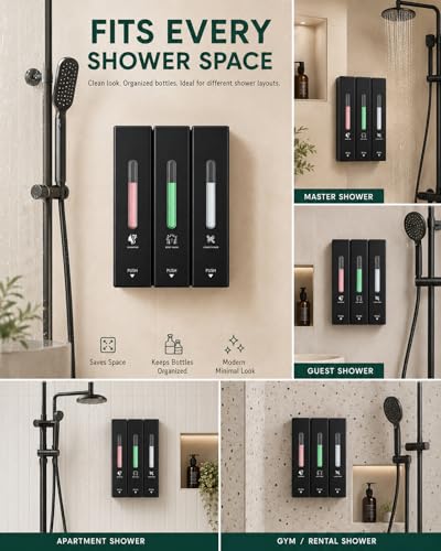 Aeakey Black Wall-Mounted 3-Chamber Shampoo & Conditioner Dispenser 1200ML Set