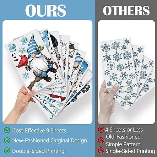 Yovkky Hello Winter Gnome Window Clings 9 Sheets, Snowman Cardinal Red Birds Christmas Tree Stickers Decals Decor, Pine Branch Snowflakes Holiday Home Kitchen Decorations