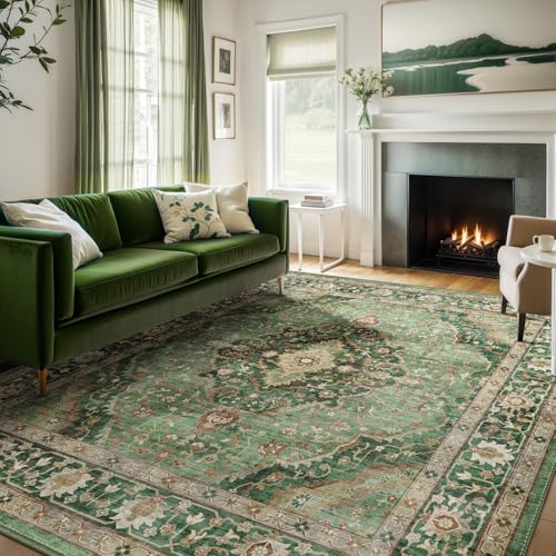 Deerly Green Border 8x10 Area Rug for Living Room & Bedroom Washable Boho Carpet