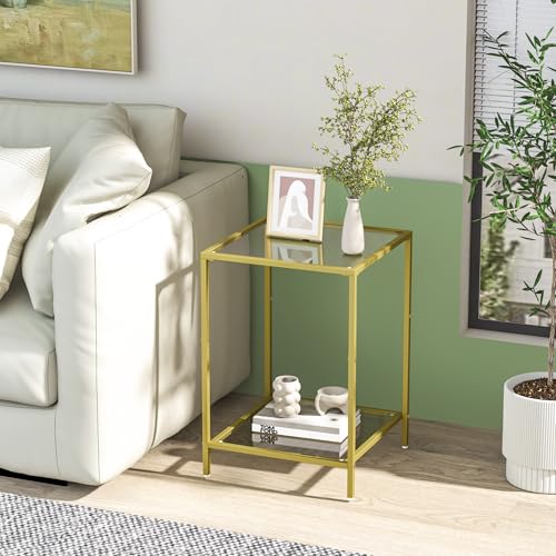 Gold Side Tables Set of 2 with Tempered Glass - Square End Tables, Modern Living Room & Bedroom Decor, 15.7"D x 15.7"W x 23.6"H