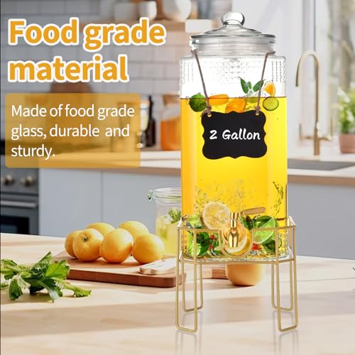 FUREEY 2 Gallon Beverage Dispenser with Stand, Glass Lid & Stainless Steel Spigot