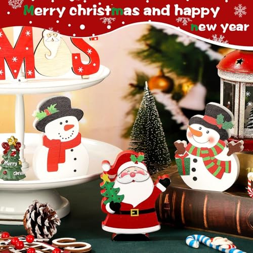 Yookeer 3 Pieces Christmas Table Centerpiece Decor for Tiered Tray Christmas Wooden Snowman Table Signs Santa Xmas Tabletop Centerpiece Decorations for Shelf Display Home Room Desk