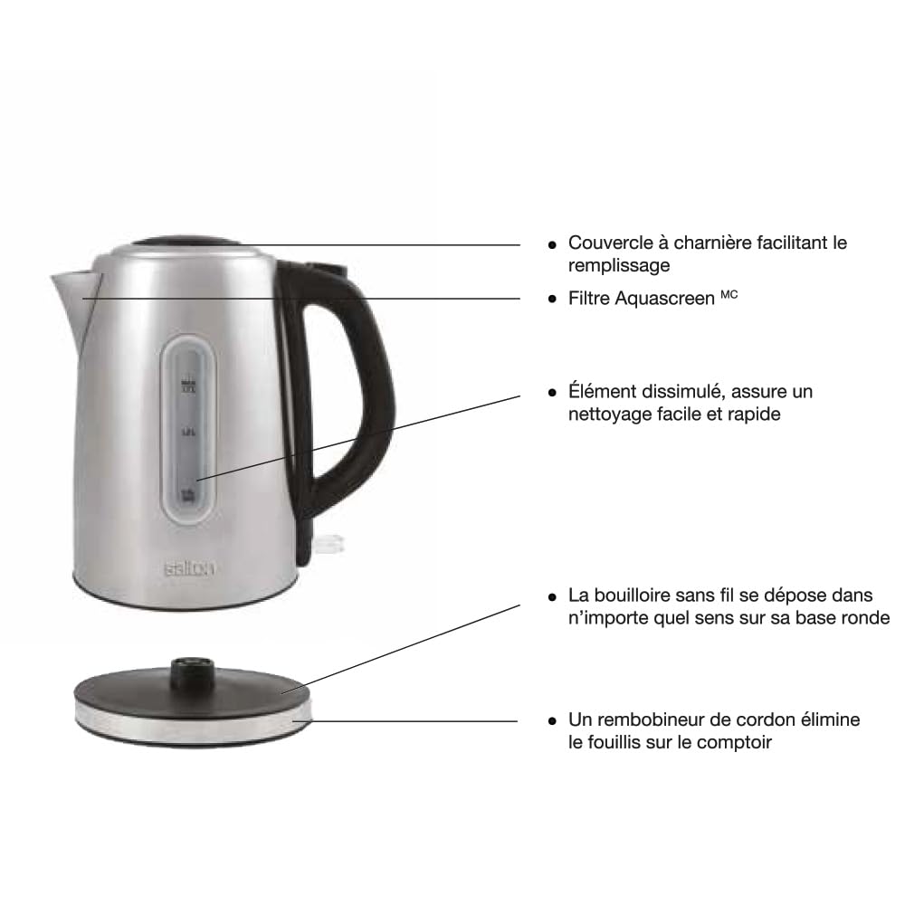 Salton Cordless Electric Stainless Steel Kettle, Water Boiler and Tea Heater, 1.7 Liter/Quart with Automatic Shut-Off and Boil-Dry Protection, Water Level Window, 1500 Watts (JK1903)