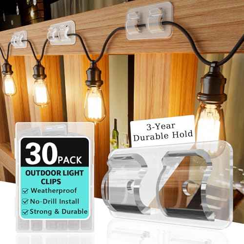 HOOPLE 30PACK Hooks for Outdoor String Lights Clips, Heavy Duty Cable Clips for Hanging Christmas Lighting, with Waterproof Adhesive Hooks for Outdoor String Lights, USB Cable Clips, Cord Organizer