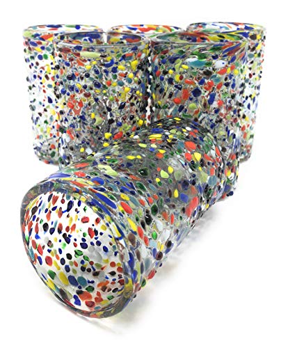 Hand Blown Mexican Drinking Glasses Set of 6 - Confetti Rock Design, 14 oz
