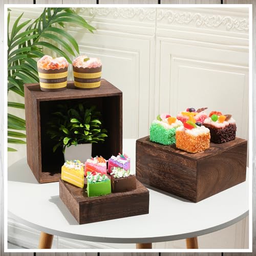 6 Pcs Wooden Display Risers Set - Rustic Cake Stands & Stacking Platforms
