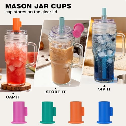 ANOTION Mason Jar Cups with Lids & Straws - Colorful Handle, 24oz Leakproof Glass Tumbler Set for Iced Coffee & Matcha, 4 Pack