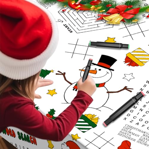 Labeol 1 Pack Christmas Tablecloth, Christmas Coloring Tablecloth for Kids, 54"x108" Giant Santa Claus Snowman Maze Color-in Paper Poster Table Cover for Winter Party Arts and Crafts