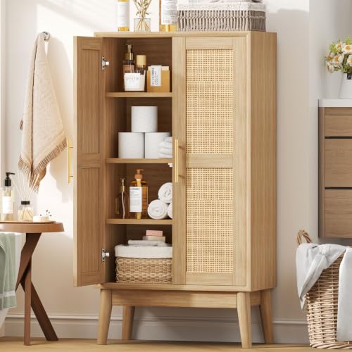 Tall Bathroom Storage Cabinet with Doors - 43 Inch Rattan Cabinet, Natural Oak Finish