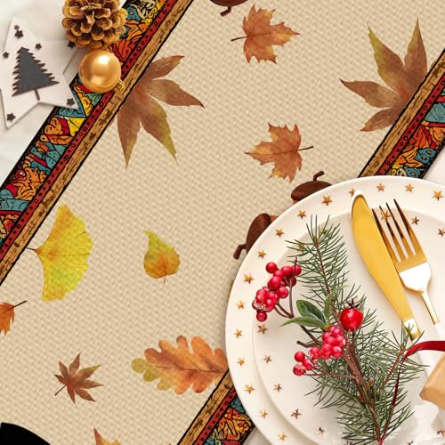 Turkey Thanksgiving Table Runner Seasonal Fall Kitchen Dining Linen Table Decoration for Indoor Outdoor Home Party Decor 13 x 72 Inch