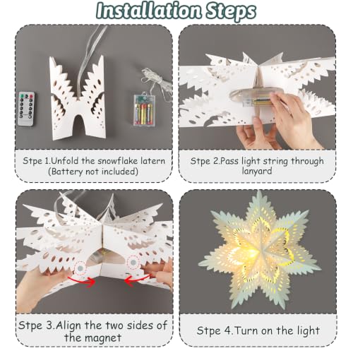OuMuaMua White 5-Pack Paper Snowflake Lanterns with Lights (5 Designs) Remote-Controlled