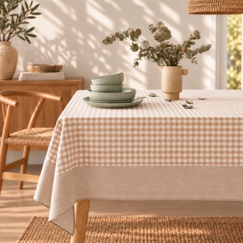 Monday Moose Beige Gingham 60x120 in Stonewashed Cotton Tablecloth – Rectangular Picnic/Dining