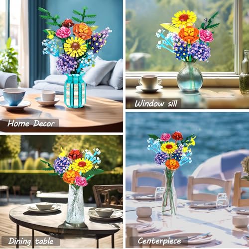 BrickTribe Dual Flower Bouquet Building Set with Vase - Sunflowers & Roses, Creative Home Decor Gift for Women & Adults