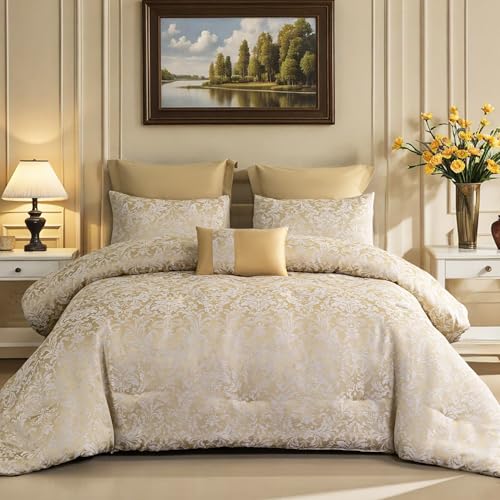 King Size Jacquard Comforter Set with Pillow Shams & Cushion - Luxurious Bedding