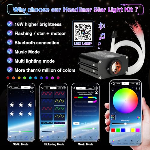 GEARPASS 500pcs Fiber Optic Star Lights Kit with APP Control, 9.8ft Length, Twinkle RGBW LEDs for Car Headliner