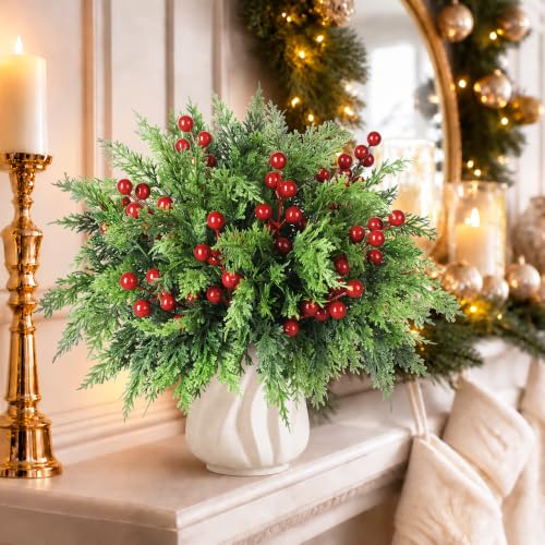 45 PCS Cedar Greenery Stems with Red Berry Picks for Christmas Decor - Artificial Holiday Plants