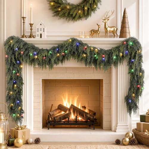 Shareconn 2-Pack 9FT Pre-Lit Cedar Christmas Garland with Lights, Mantel Decor