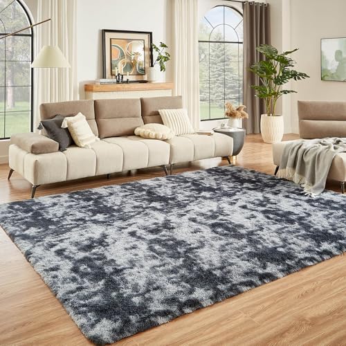 Floralux 9x12 Dark Grey Tie-Dyed Shag Rug for Living Room & Bedroom