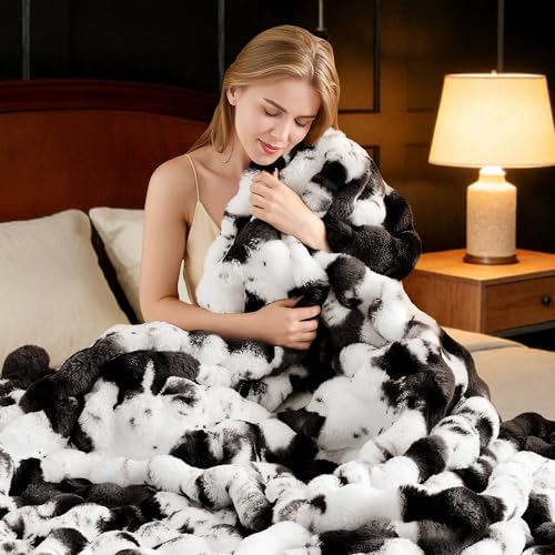 Black Cow Faux Rabbit Fur Throw Blanket - 50x60 Inches Ultra Plush Fluffy Bed Couch Decor