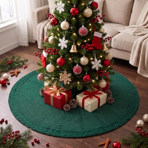Benjia 120cm/48in Knitted Christmas Tree Skirt Braided Cable Knit Green