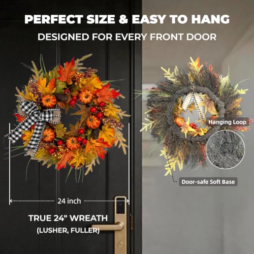 24 Inch Fall Front Door Wreath with Buffalo Check Bow & Maple Leaves | Autumn Farmhouse Decor