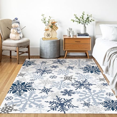 Livcoz Blue Snowflake Washable Area Rug 5x7 Ft - Winter Home Decor, Non-Slip