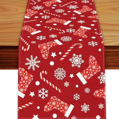 Christmas Table Runner£¬Red Table Runners with Snowflake Candy Prints Xmas Table Cloth Decorations and Supplies for Home Kitchen Dining Room Holiday Party Decor (Red-1, 13x72 Inches)