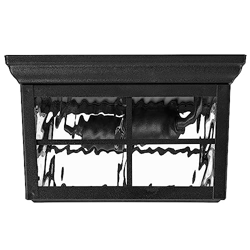 Outdoor Flush Mount Ceiling Light Fixture - Black Water Glass Weatherproof