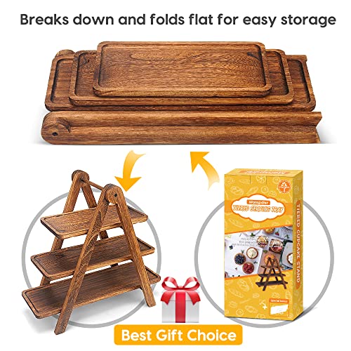 Brown Wooden 3-Tier Serving Tray Cupcake Stand with Collapsible Ladder - 17.2 x 5.5 Inches