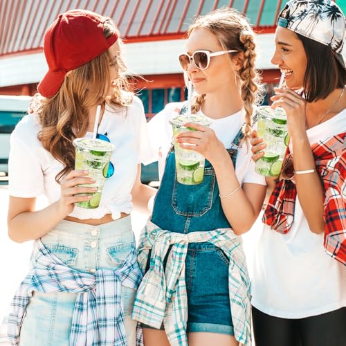 Turbo Bee 24 oz Clear Plastic Cups with Lids & Straws - 200 Disposable To Go Drinkware