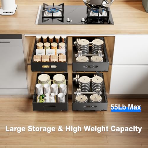 Mustorn 2 Pack Pull Out Cabinet Organizer - Black, Heavy Duty Slide Out Drawers for Kitchen & Pantry, 16.5 x 11.8 x 3.94 Inches