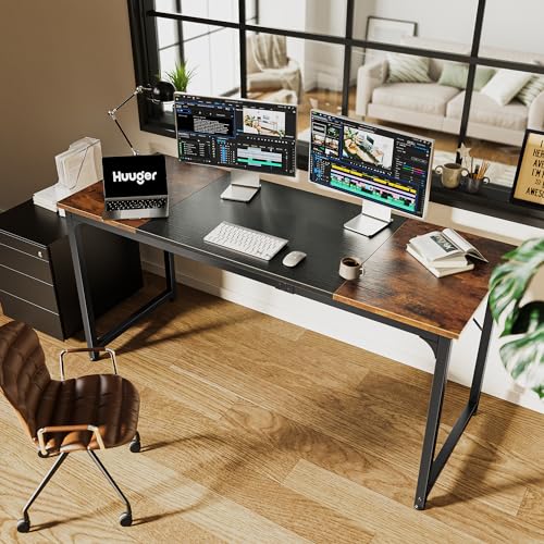 Huuger Rustic Brown & Black 63-Inch Office Gaming Desk with Storage - Modern Home Workstation