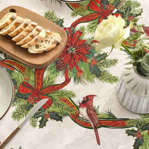 Horaldaily Christmas Tablecloth 60x60 Inch Round Red & Green Cardinal Bird