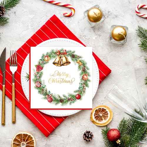 50 Pcs Christmas Paper Napkins 13 x 13 Inches, Disposable Luncheon Dinner Party Napkins Xmas Balls Wreath Theme for Winter Holiday Christmas Party Decorations
