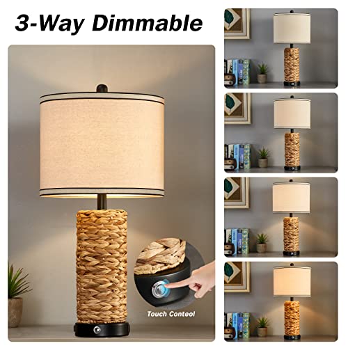 GyroVu Rattan Bedside Table Lamps Set of 2 - Black, Dimmable with USB Ports
