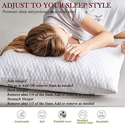 White Queen Shredded Memory Foam Pillow Set of 2 - Hypoallergenic Sleep Support