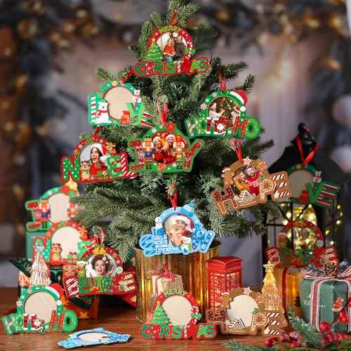 16 Pcs Christmas Photo Frame Ornaments Wooden Santa Claus Snowman Snowflake Picture Frame Tree Decoration DIY Photo Keepsakes for Xmas Party Decorations Winter Holiday Gifts(Wishes)
