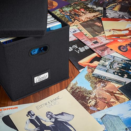 Black Vinyl Record Storage Box Set of 2 - LP Holder for 100+ Albums