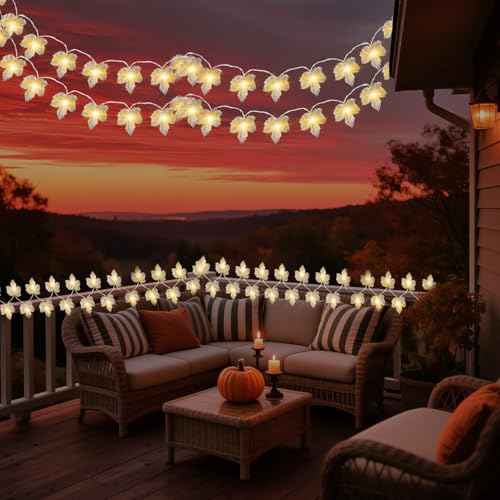 Fall Leaf Garland with Lights Decoration - 2 Pack Thanksgiving Gray Fall String Light Battery Operated Total 20 Ft 40 LED Lamp Bead 40 Dried Leaf Suitable Indoor Outdoor Home Harvest Festival Wreath