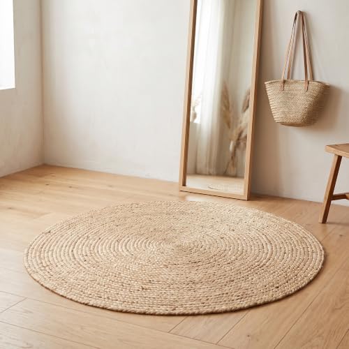 Natural Jute Braided Round Area Rug - 5 Feet Farmhouse Woven Rug