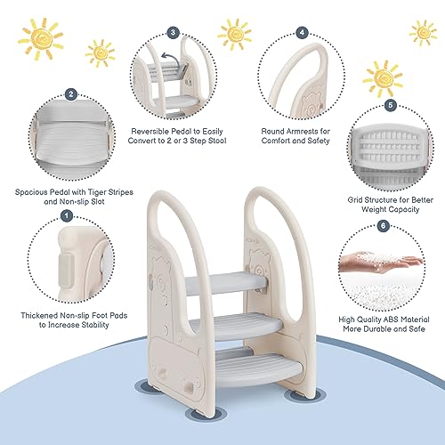 Onasti Kids 3 Step Toddler Stool - Grey Learning Tower for Kitchen Bathroom Potty Training & Independence