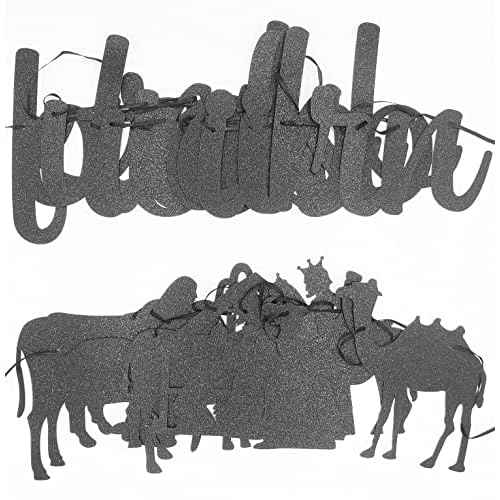 Black Glitter For Unto Us A Child Is Born Banner and Christmas Nativity Scenes Garland Banner Holy Family Xmas Nativity Party Decorations Jesus Manger Scene Religious Christmas Holiday Fireplace Mantle Supplies