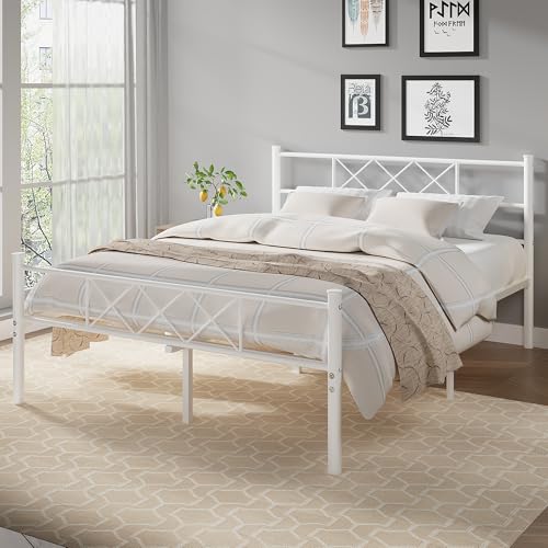 Full Size Bed Frame with Headboard - Pure White, Heavy Duty Metal Slats, Easy Assembly