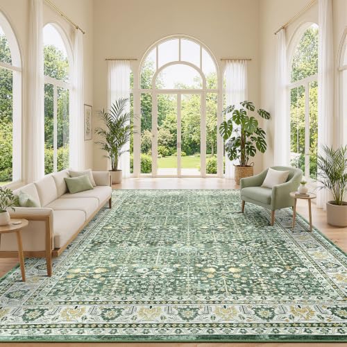 Sage Green 9x12 Washable Area Rug - Non-Slip Boho Living Room Carpet