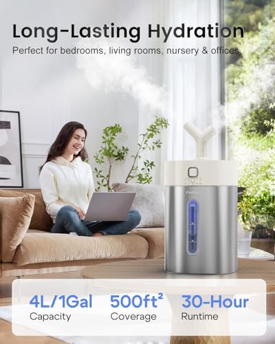 Feekaa Stainless Steel 4L Cool Mist Humidifier for Bedroom & Large Rooms - White